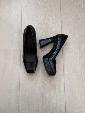 Katy Perry Collections Black Crinkle Leather Platform Block Heels
